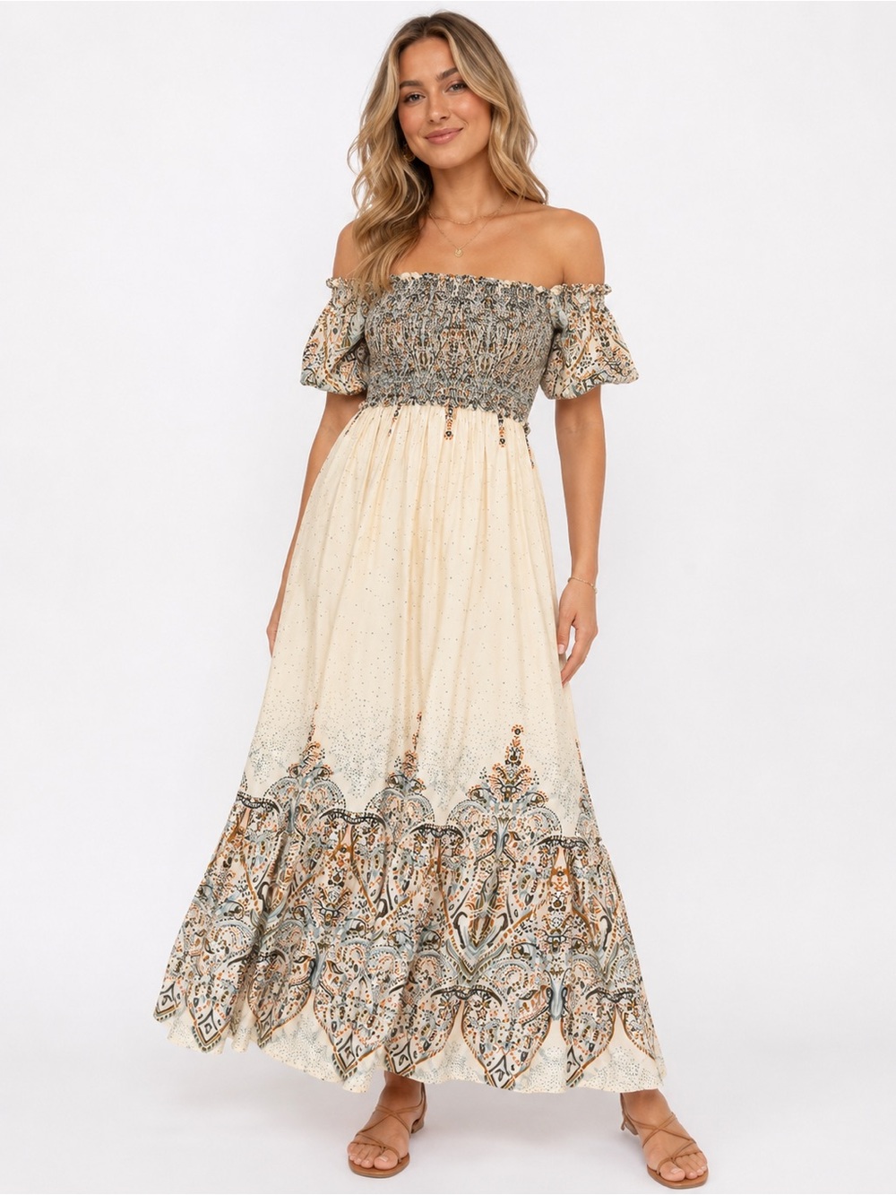 Entro Boho Paisley Smocked Off Shoulder Maxi Dress Medium Lined